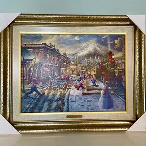 NEW Thomas Kincaid Studios Mickey and Minnie Candy Cane Express Framed Canvas